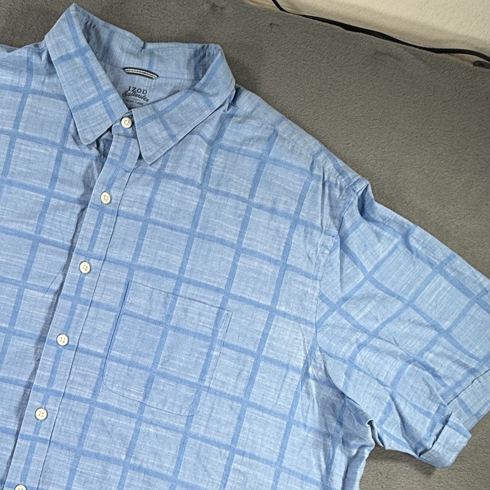 IZOD Saltwater Mens 3XL Light Blue Plaid Short Sleeve Button Up Shirt Relaxed